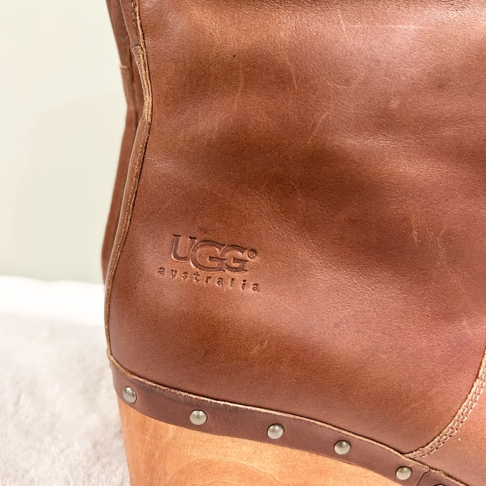 UGG Australia Leather Shearling Clog Boots Wooden Heel Platform Near New Size 8 - Picture 10 of 14